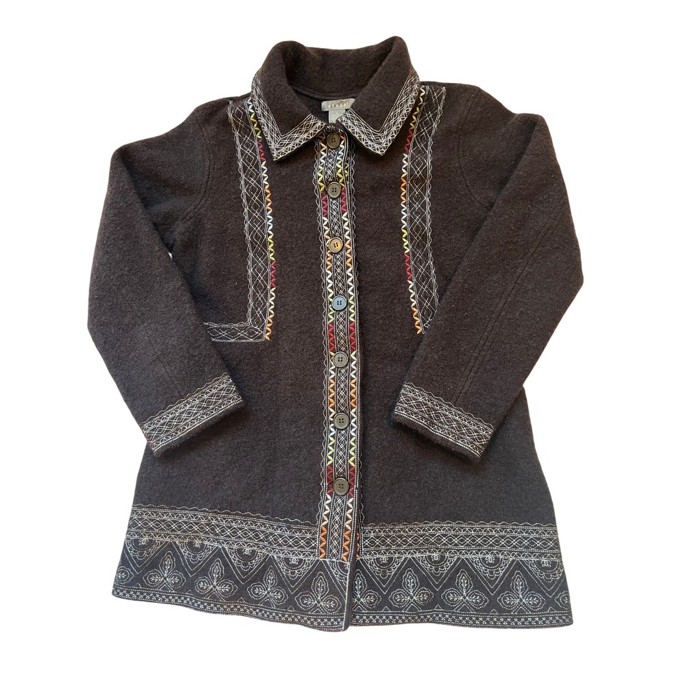 Vintage Kenar Chocolate Brown Embroidered Longline Button Front Cardigan SzL